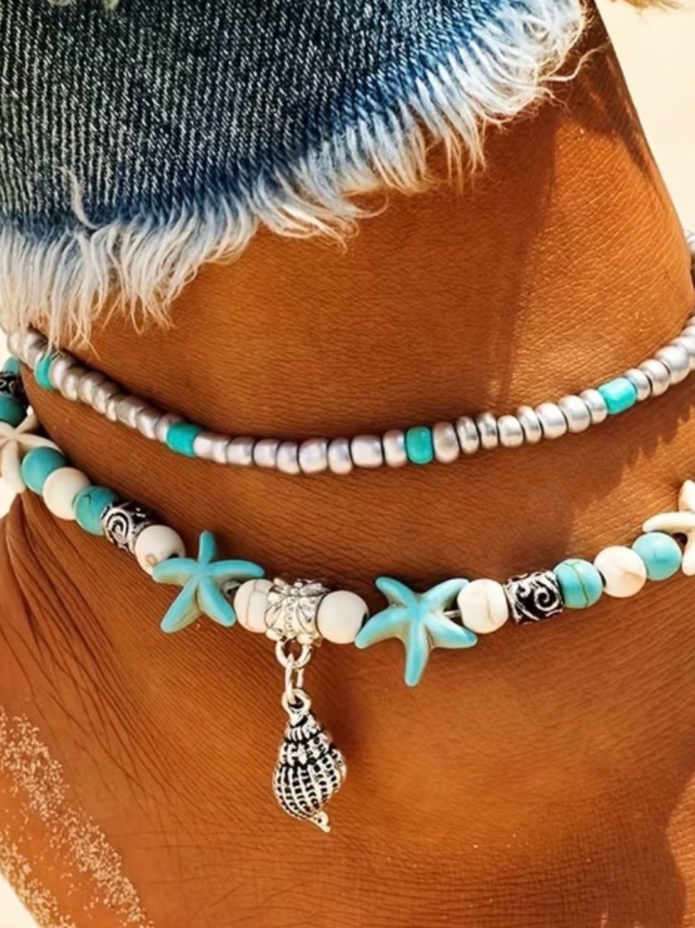 Turquoise Starfish Beaded Anklet Set by